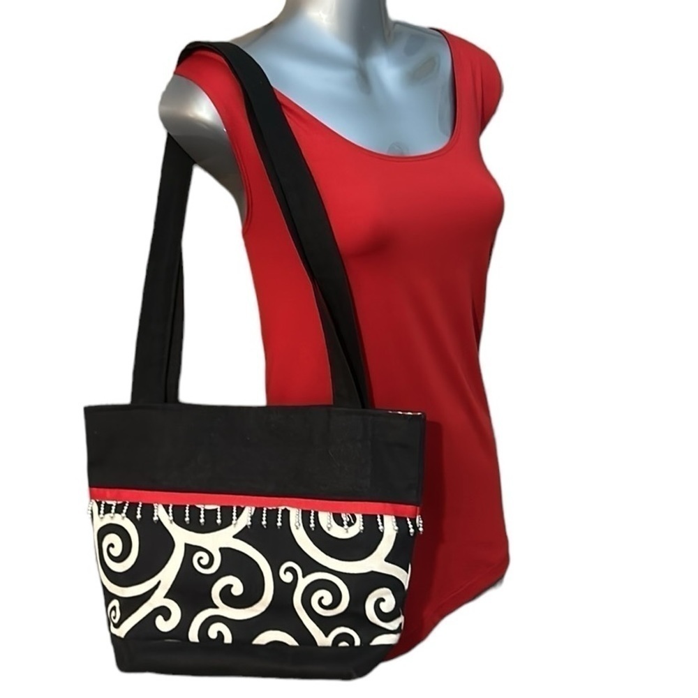 Black and White Fabric Shoulder Bag with Beads by Marty Bags